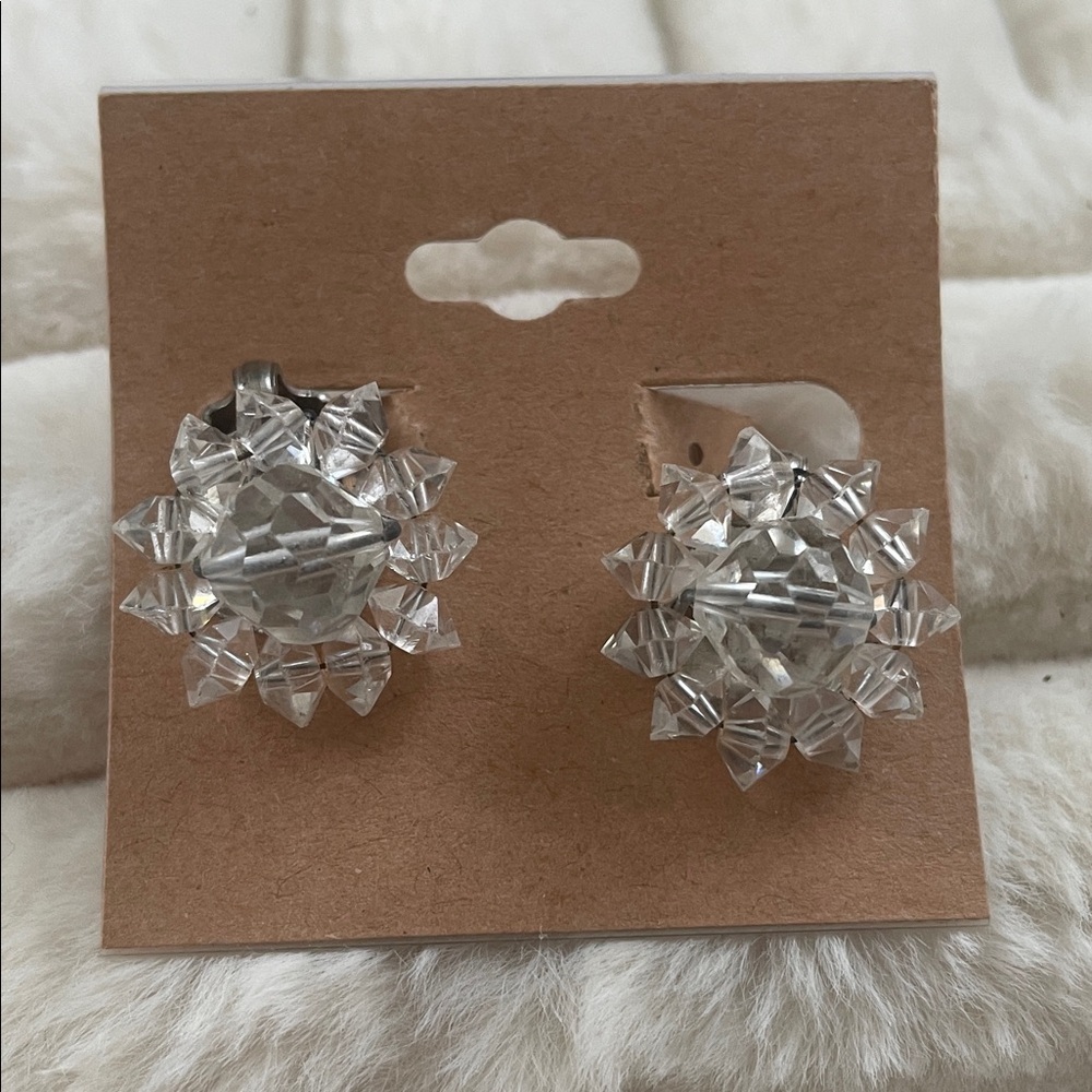 vintage rhinestone clip earrings, Dazzling Silver Crystal Flower Earrings